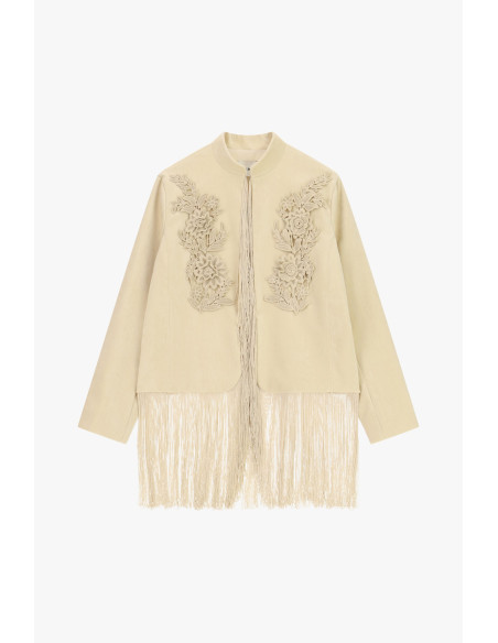Veste en fausse fourrure avec broderie florale et franges « Dixie »...