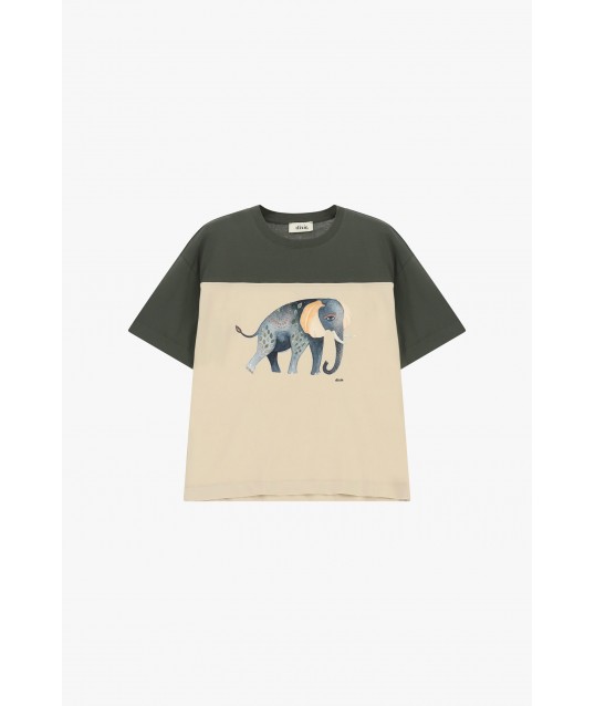 T-Shirt Maniche Corte Stampa Elefante E Inserti A Contrasto Dixie