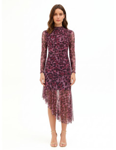 Rinascimento Asymmetrical, Draped Midi Dress in Spotted Stretch Mesh