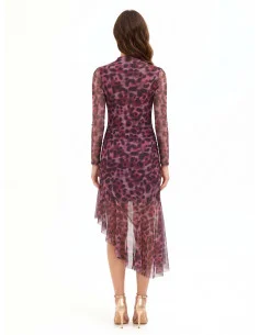 Rinascimento Asymmetrical, Draped Midi Dress in Spotted Stretch Mesh 2