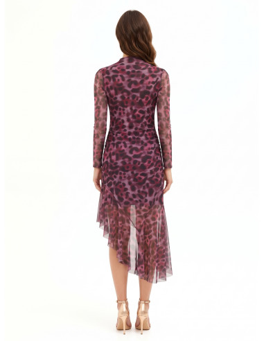 Rinascimento Asymmetrical, Draped Midi Dress in Spotted Stretch Mesh
