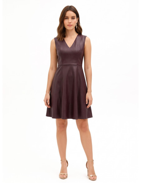 Short, flared faux leather dress with a V-neck from Rinascimento