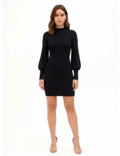 Rinascimento Short Ribbed Knit Circle Skirt Dress with Balloon Sleeves