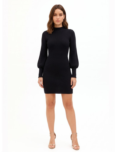 Rinascimento Short Ribbed Knit Circle Skirt Dress with Balloon Sleeves