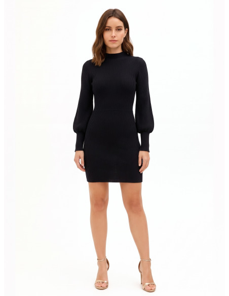Rinascimento Short Ribbed Knit Circle Skirt Dress with Balloon Sleeves