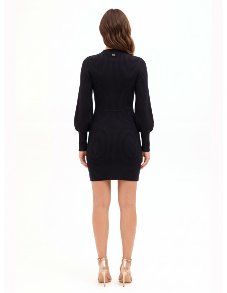 Rinascimento Short Ribbed Knit Circle Skirt Dress with Balloon Sleeves