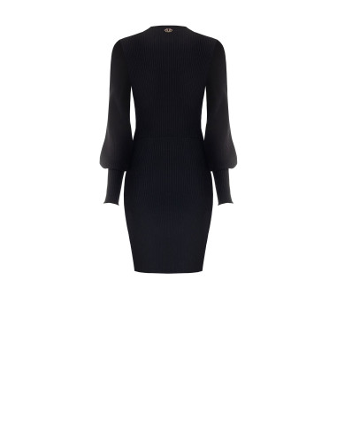 Rinascimento Short Ribbed Knit Circle Skirt Dress with Balloon Sleeves