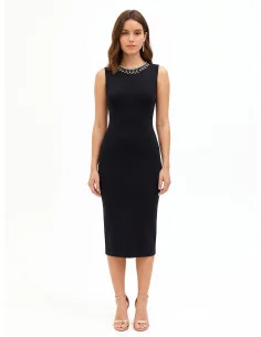 Structured Knit Sheath Dress with Removable Rhinestone Necklace by Rinascimento
