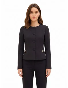 Short Blazer Jacket in Technical Fabric, Without Lapels, with Decorative Buckles – Rinascimento