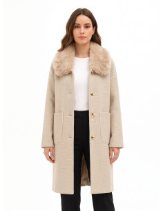 Cappotto Lungo Spinato Con Maxi Tasche E Collo In Pelliccia Sintetica Removibile Rinascimento