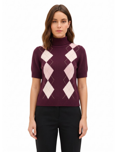 Pull à manches courtes en mélange de viscose et de laine, motif à losanges avec lurex « Rinascimento »