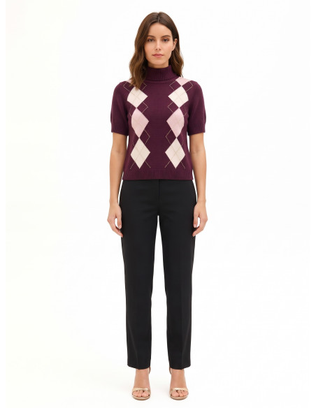 Short-sleeved jumper in a viscose and wool blend, with a diamond pattern and lurex, by Rinascimento