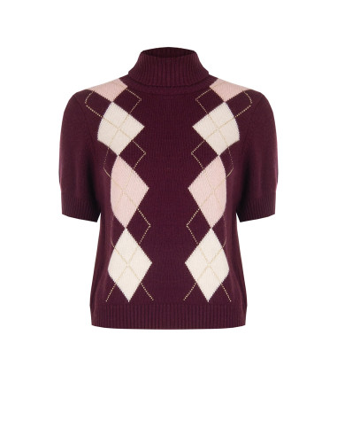 Short-sleeved jumper in a viscose and wool blend, with a diamond pattern and lurex, by Rinascimento