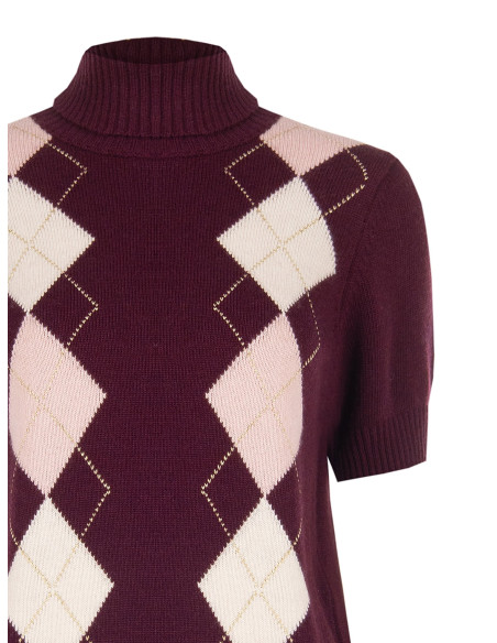 Short-sleeved jumper in a viscose and wool blend, with a diamond pattern and lurex, by Rinascimento