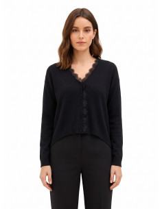 Cardigan fin oversize en laine, col en V et détail en dentelle Rinascimento