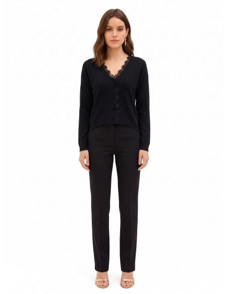 Oversized, Slim-Fit Wool Cardigan with V-Neck and Rinascimento Lace Detail
