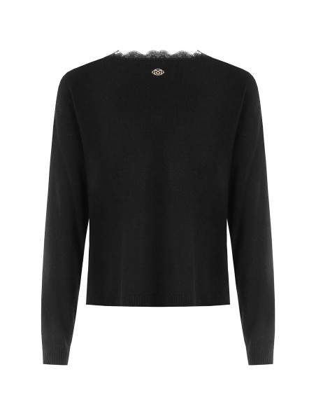 Oversized, Slim-Fit Wool Cardigan with V-Neck and Rinascimento Lace Detail