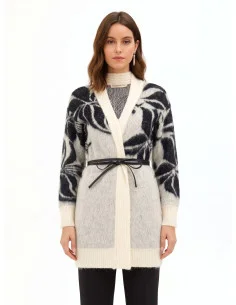 Cardigan en mélange de mohair et de lurex, avec un grand motif floral et une longue ceinture en simili-cuir « Rinascimento »