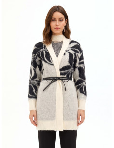 Mohair and Lurex Blend Cardigan with a Large Floral Pattern and a Long Faux Leather Belt by Rinascimento