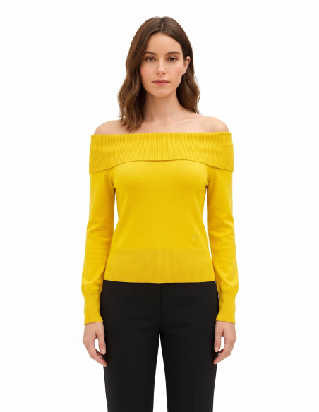 Off-the-shoulder jumper with embroidered ‘Rr’ logo – Rinascimento