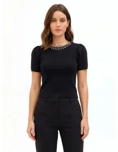 Structured top with fine ribbing in a viscose blend, featuring Rinascimento-style rhinestone fringing