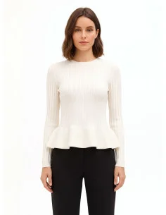 Pull moulant à volants, en maille côtelée, en mélange de viscose, Rinascimento