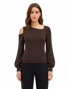 Pull léger en mélange de viscose, avec encolure asymétrique et ourlets en lurex « Rinascimento »