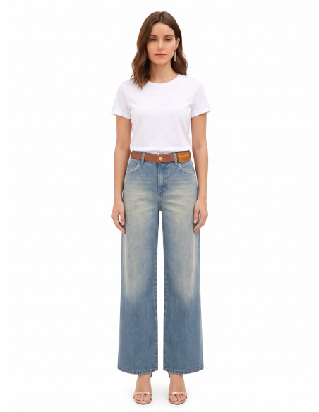 Jeans Wide Leg Effetto Consumato Lavaggio Chiaro Rinascimento