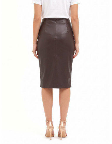 Rinascimento Faux Leather Sheath Skirt with Asymmetrical Cross-Over Detail
