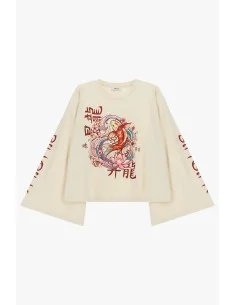 Wide-Sleeved T-Shirt with Carp and Dixie Flowers Print