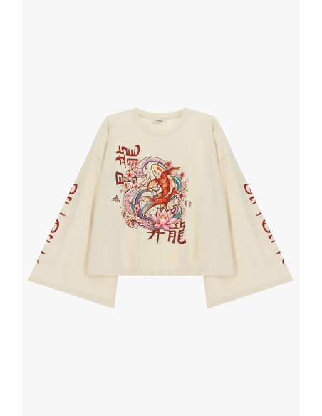 Wide-Sleeved T-Shirt with Carp and Dixie Flowers Print