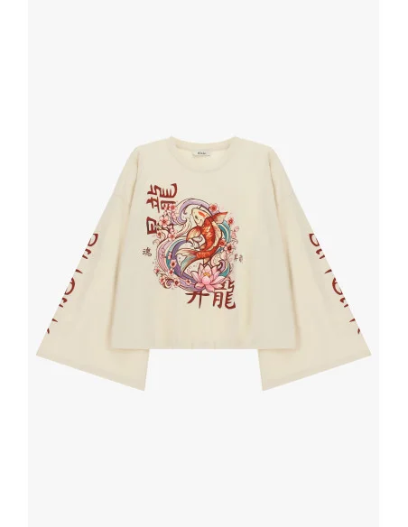 Wide-Sleeved T-Shirt with Carp and Dixie Flowers Print