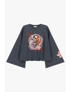 Wide-Sleeved T-Shirt with Carp and Dixie Flowers Print