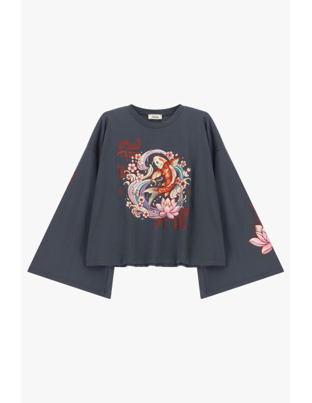 Wide-Sleeved T-Shirt with Carp and Dixie Flowers Print