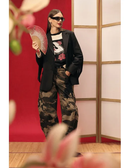 Camouflage-Print Palazzo Trousers with Side Embroidery Dixie
