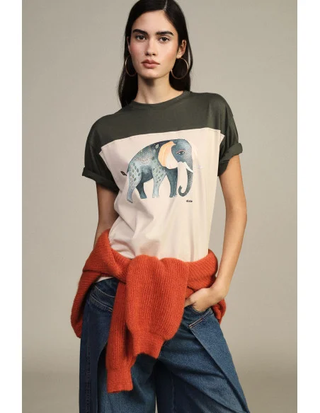 T-shirt à manches courtes avec imprimé éléphant et empiècements contrastants Dixie