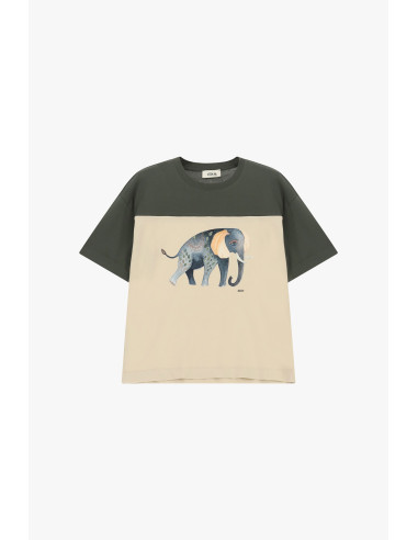 T-Shirt Maniche Corte Stampa Elefante E Inserti A Contrasto Dixie