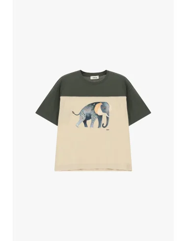T-Shirt Maniche Corte Stampa Elefante E Inserti A Contrasto Dixie