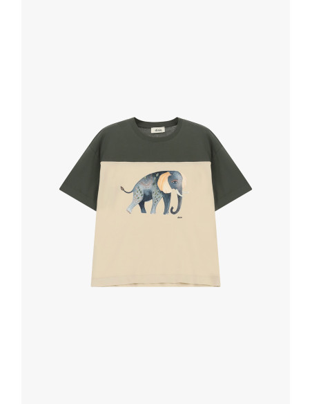 T-Shirt Maniche Corte Stampa Elefante E Inserti A Contrasto Dixie