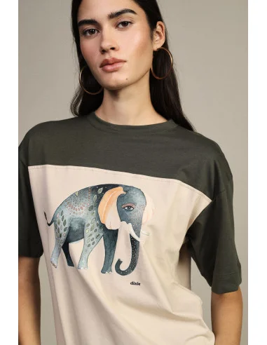 T-Shirt Maniche Corte Stampa Elefante E Inserti A Contrasto Dixie