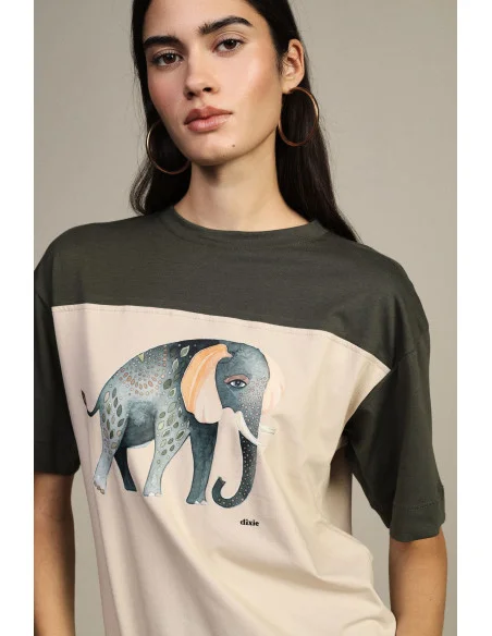 T-Shirt Maniche Corte Stampa Elefante E Inserti A Contrasto Dixie