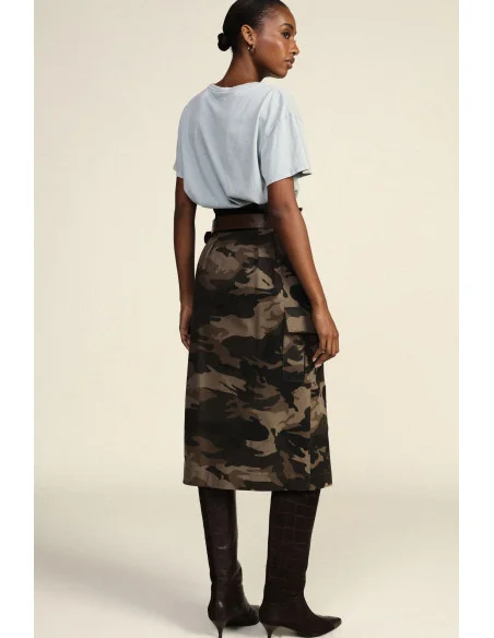 Mid-Length Camouflage Print Skirt with Belt Dixie