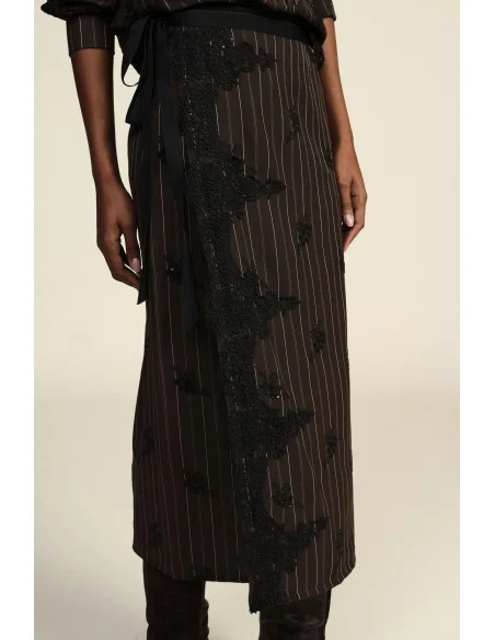 Jupe midi portefeuille avec dentelle et broderie Dixie