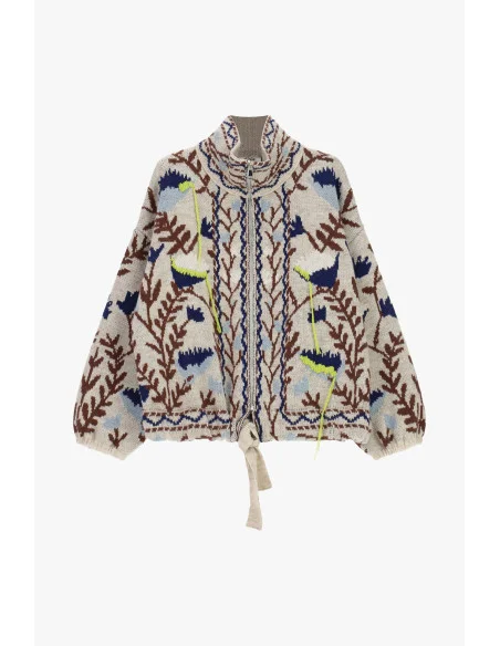 Zip-Up Cardigan with Jacquard Floral Pattern Dixie