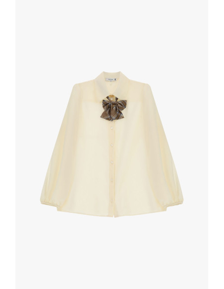 Loose-fitting shirt with balloon sleeves and a tartan bow, please