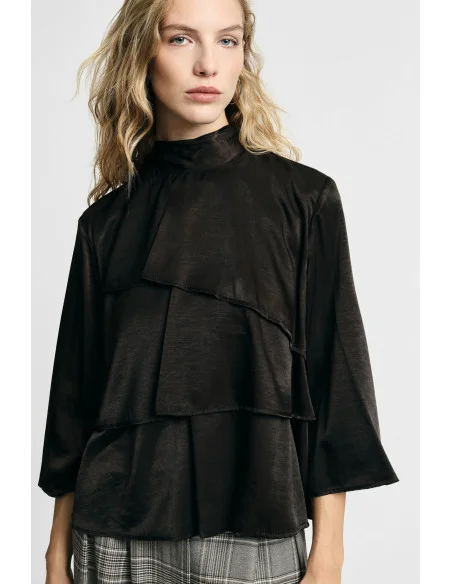 Blouse à volants avec manches longues et col montant Please