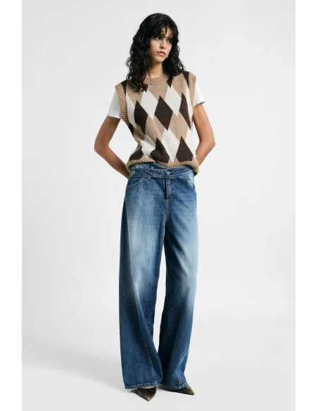 Jeans Wide Leg Vita Media Effetto Slavato Please