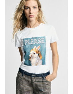 T-shirt à col rond avec imprimé « lapin » décoré « Please » - Vesti...