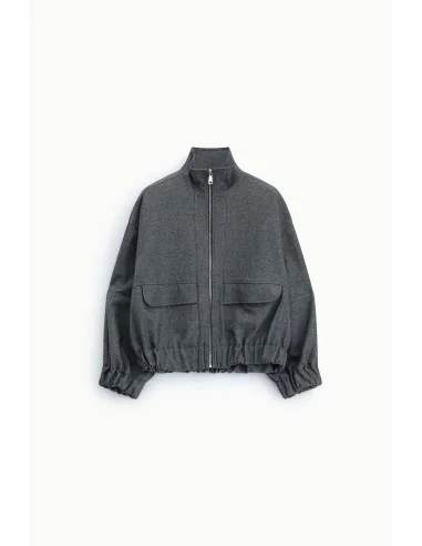 Cropped Bomber Jacket with Zip and Drawstring at the Hem Please