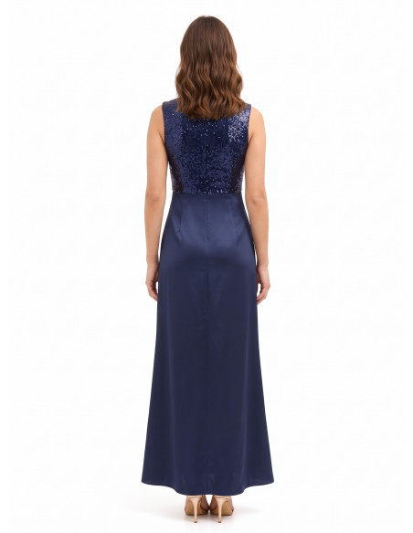Robe longue avec corsage à paillettes et jupe en satin, encolure en V croisée, style Rinascimento